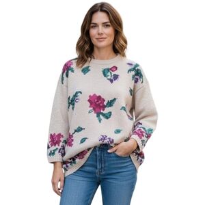 VTG Northern Reflections Floral Cotton Knit Sweater Small Granny Cottagecore